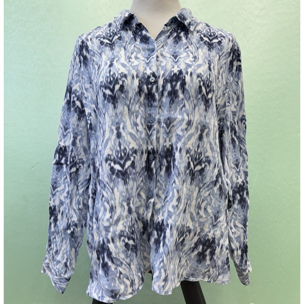 Kim Rogers Women 100% Linen Abstract Print Blue Lightweight PXL Button Up Shirt